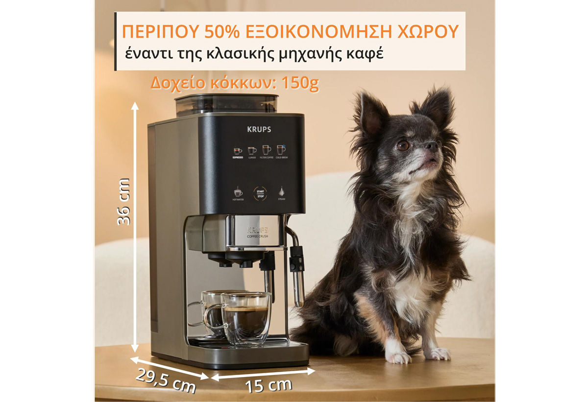 Απεικονίζεται η μηχανή δίπλα σε έναν σκύλο, πάνω στον πάγκο.